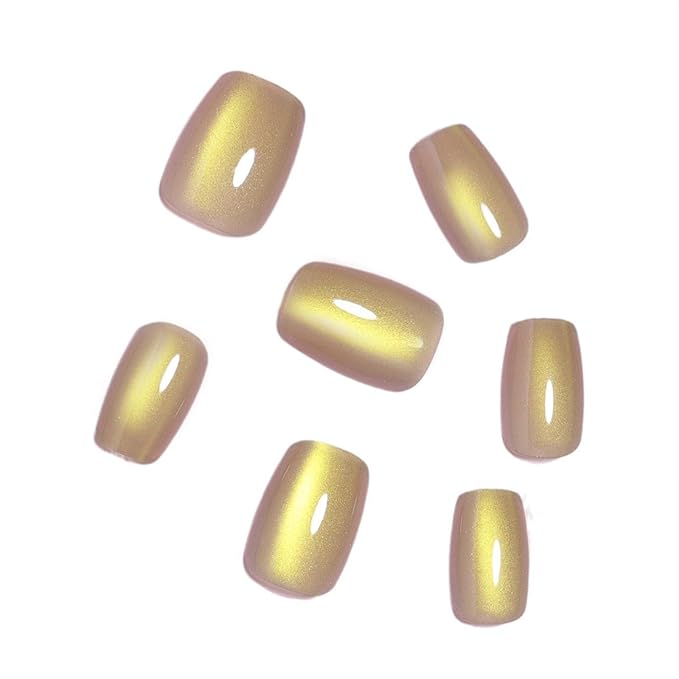 Press on Nails Short Square Fake Nails Gold Chrome Acrylic Nails Nude Nails Press Ons Glossy Glue on Nails Shiny Stick on Nails Ombre Artificial Nails for Women Manicure 15 Size - 30 Pcs