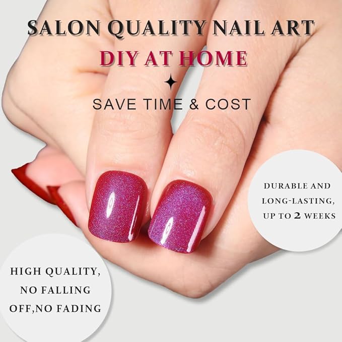 Blue Red Cat Eye Extra Short Press on Nails Square, Petite Short Square Glue on Nails for Women Gift, Purple Red Metallic Glitter Glossy Reusable Stick Gel Press on Acrylic Fake Nail with Designs