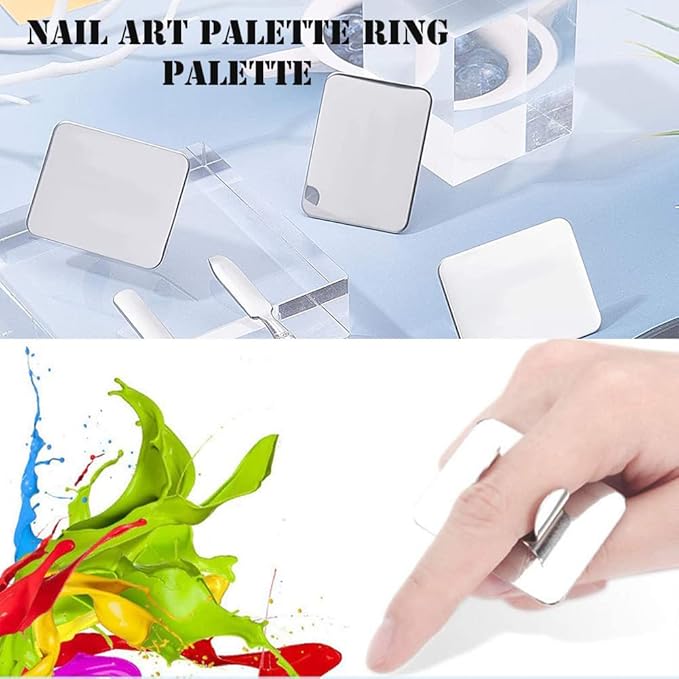AKOAK 2 Pcs Stainless Steel Square Palette Mini Ring Makeup Palette Nail Blur Painting Tools DIY Nail Art can be Used for Eye Shadow Eyelash Pigment Mix