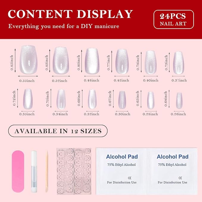 evpct Cat Eye Coffin Press on Nails Square Medium, Medium Square Glue on Nails for Women Gift, Light Lavender Purple Metallic Glitter Glossy Reusable Spring Summer Gel Press on Fake Nail with Designs