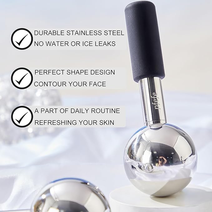 Pfefe 360 Rotating Ice Globes for Face & Eyes, Unbreakable Stainless Steel Cryo Sticks for Beauty Routines, Facials Cold Roller Colling Globes for Puffiness, Wrinkles, Dark Circles, Headaches