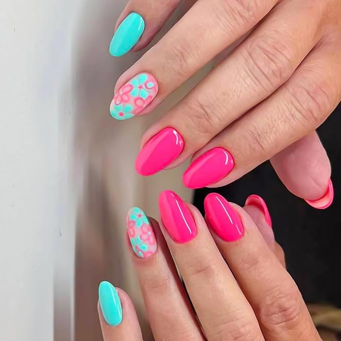 Flower Press on Nails Pink Fake Nails with Blue Design Floral Glue on Nails Glossy Artificial Acrylic Full Cover Stick on Nails Short Almond False Nails for Women Manicure 24Pcs