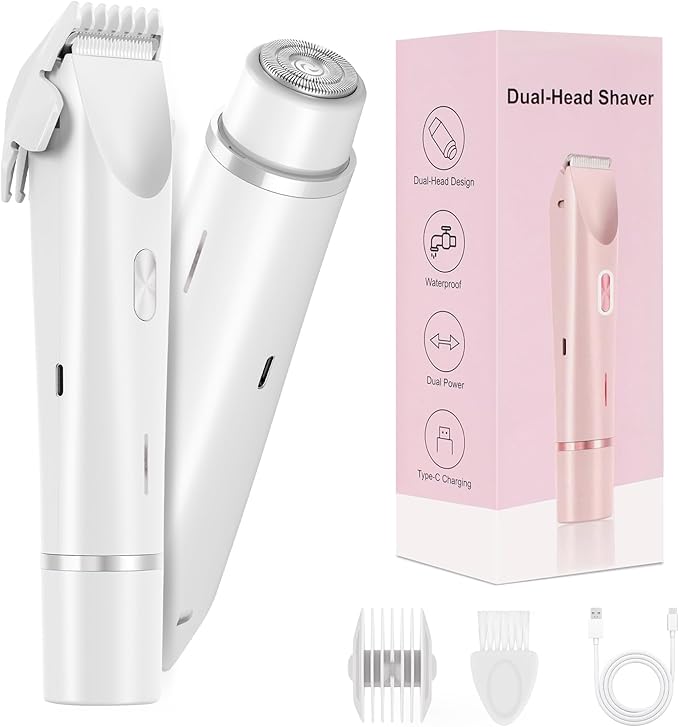Bikini Trimmer for Women-2 in 1 Electric Razors for Women,USB Rechargeable Bikini Electric Shaver,IPX7 Waterproof Dry & Wet Use Body Hair Trimmer and Facial Hair Remover for Underarm Leg Body,White
