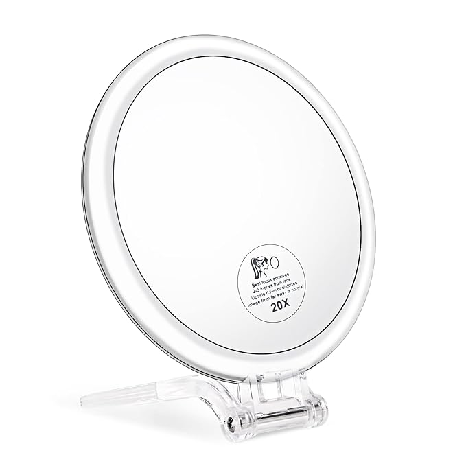 JMH Magnifying Handheld Mirror Double Sided, 1X 20X Magnification Hand Mirror, Travel Folding Held Adjustable Rotation Pedestal, Portable Small Makeup Mirror, 6 Inch