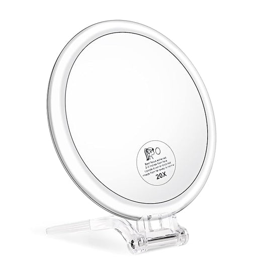 JMH Magnifying Handheld Mirror Double Sided, 1X 20X Magnification Hand Mirror, Travel Folding Held Adjustable Rotation Pedestal, Portable Small Makeup Mirror, 6 Inch