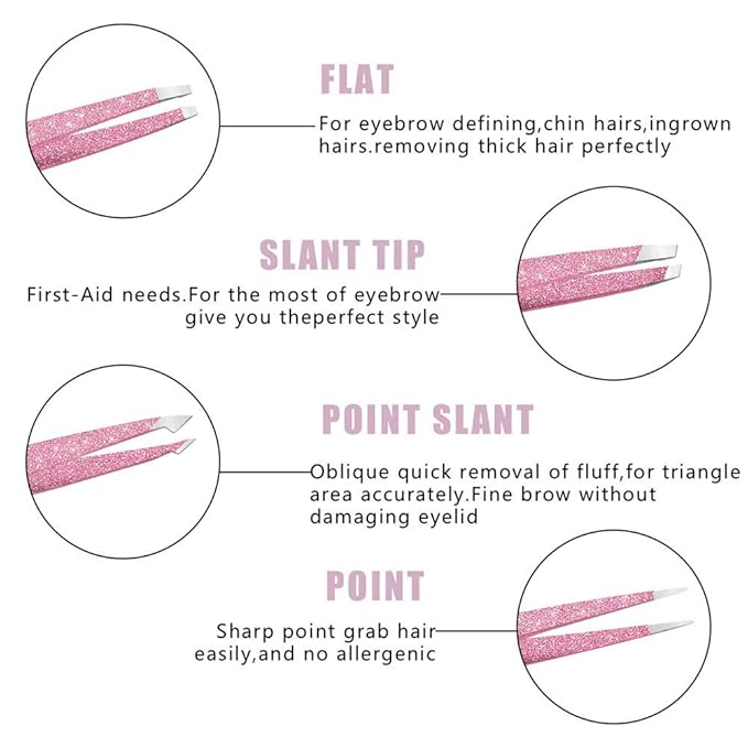 Eyebrow Tweezer Set, 4 Pcs Professional Stainless Steel Tweezers for Women, Precision Tweezer for Facial Hair, Splinter and Ingrown Hair Removal（Rose Gold）