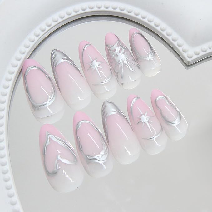 24Pcs French Tip Pink Press on Nails Medium Almond Fake Nails with Silver Star Heart Butterfly Design Full Cover Reusable Artificial Nails Stick on Nails False Nails for Women Acrylic Nail Decorations