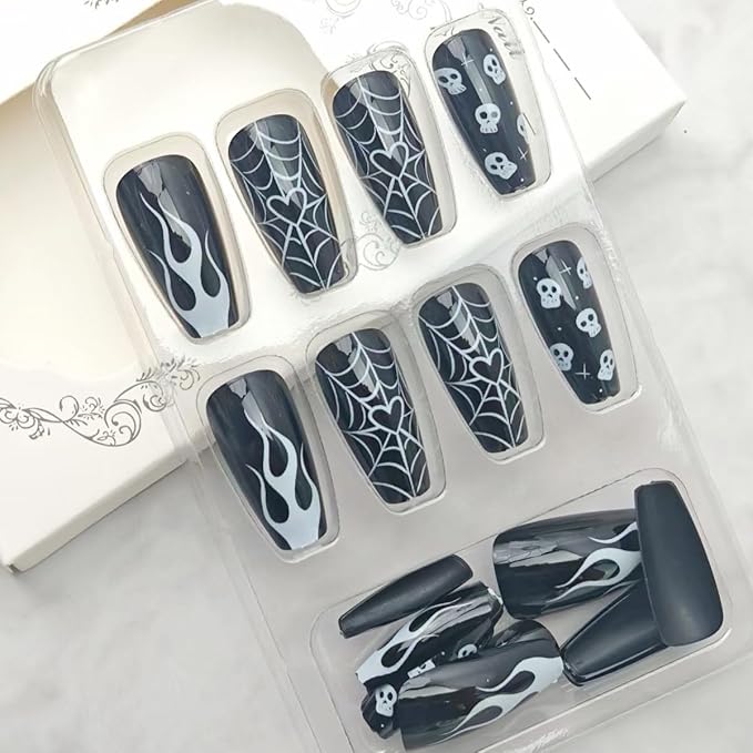 24Pcs Halloween Press on Nails Medium Square Fake Nails with Cute Ghost Skull Spider Web Design Dark Black Full Cover Artificial Glue on Nails Glossy Stick on Nail Goth False Nails for Women Manicure