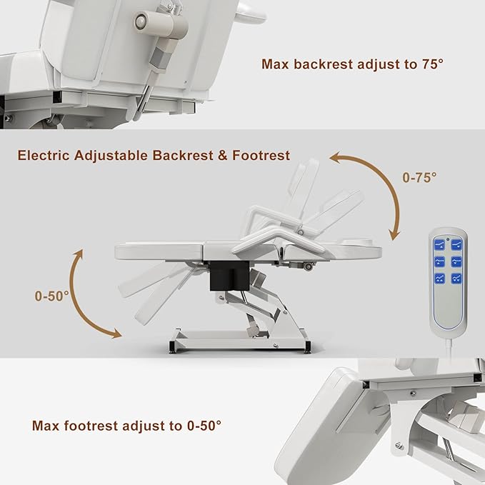 SyyBhb White Fully Electric Spa Bed Tattoo Chair Facial Table 3 Motor with Storage Pocket, 21''-28" Height Backrest Footrest Electric Adjustable, 3-Section Folding