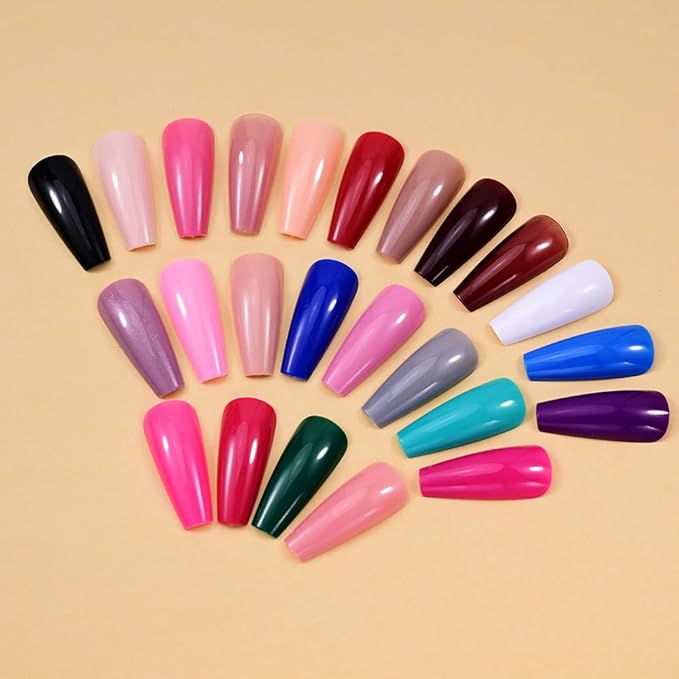 Long Coffin Press on Nails Solid Color Fake Nails Full Cover False Nails Glossy Acrylic Glue on Nails Reusable Artificial Nail Stick on Nail for Women Manicure 12Color - 576Pcs