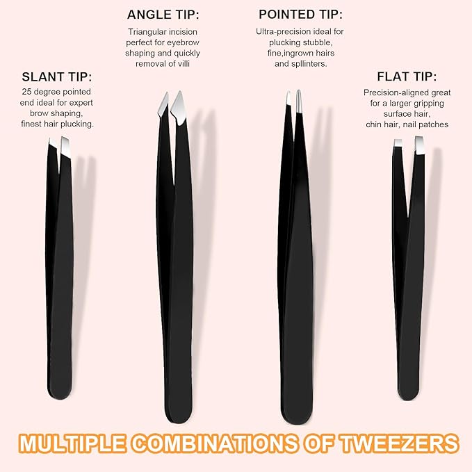 Yougai 9 Pcs Tweezers Set for Facial Hair Women with Travel Case, Professional Stainless Steel Eyebrow Tweezers Kit Great Precision Tweezers for Daily Beauty Tool