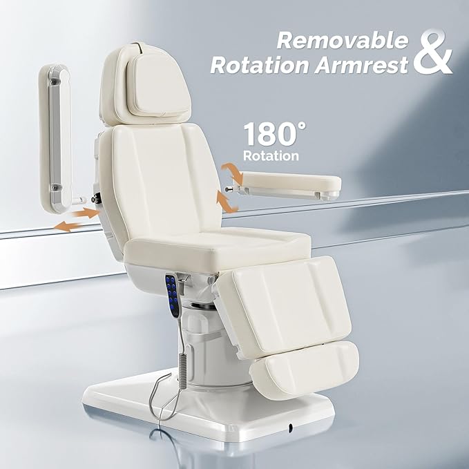 OmySalon Electrical Facial Beauty Spa Medical Treatment Bed, 120° Rotation Massage Tattoo Dental Aesthetic Chair with 3 Motors & Remote Control, Off White
