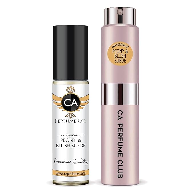 CA Perfume Duo Impression of Peony & Blush Suede For Women Perfume Layering Set Long Lasting Travel Size EDP + Body Oil Roll-On Bottle 0.27 Fl Oz+0.33 Fl Oz