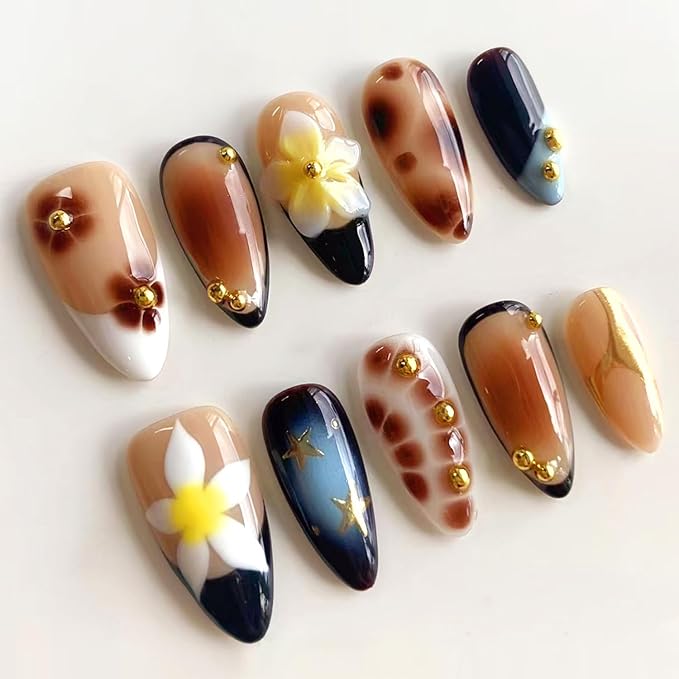 Fall French Tip Press on Nails Medium Almond False Nails with Gold 3D Design Full Cover Glue on Nail Reusable Colorful Flowers Acrylic Fake Nails Glossy Artificial Stick on Nail for Women