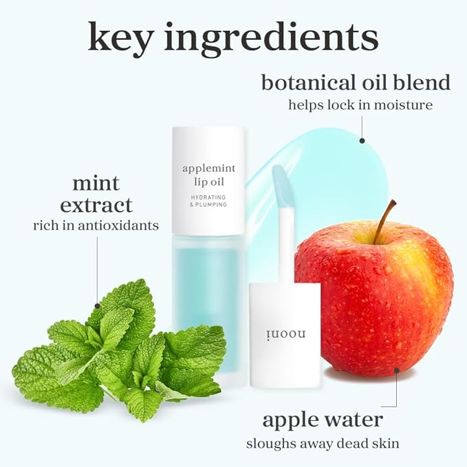 NOONI Korean Lip Oil - Applemint | Long-Lasting, Moisturizing, Plumping, Revitalizing for Dry Lips, Waterproof, No Peel Off, Hydrating, Nourishing Crystal Clear, 0.12 FL Oz