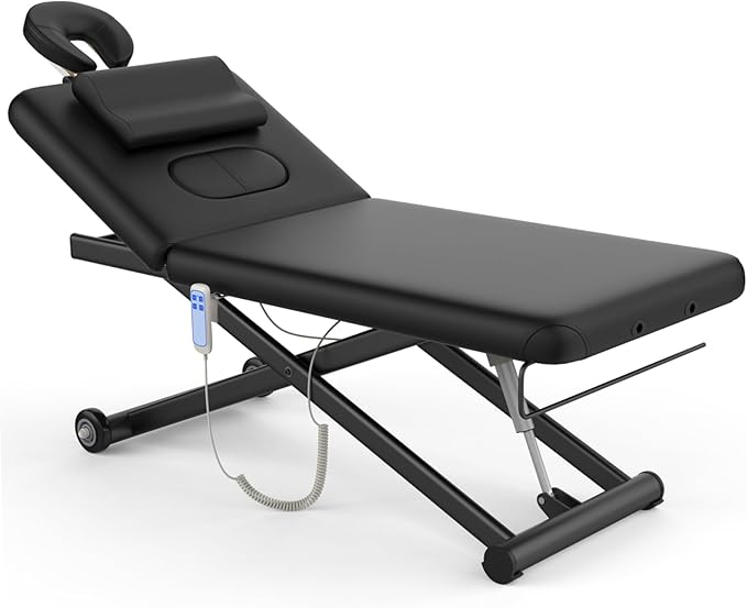 Heavy-Duty Electric Lift Massage Table with Electric Adjustable Backrest and Legs, Wide Physical Therapy Massage Bed with Wheels, Professional Spa Facial Bed, PU Leather, 32'' W × 75'' L