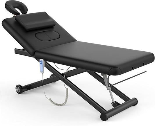 Heavy-Duty Electric Lift Massage Table with Electric Adjustable Backrest and Legs, Wide Physical Therapy Massage Bed with Wheels, Professional Spa Facial Bed, PU Leather, 32'' W × 75'' L