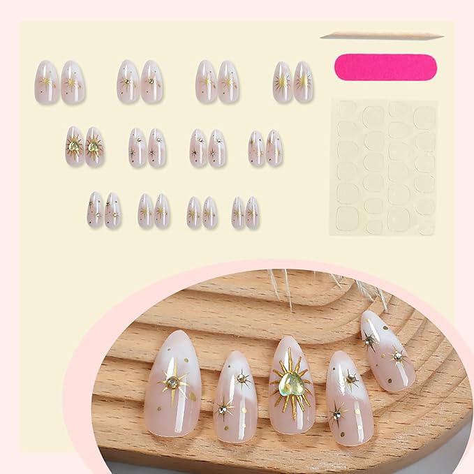 24Pcs Almond Press on Nails Medium Length Gold Star Fake Nails with Heart Diamond Designs Full Cover Nude Gradient Acrylic Nail Sun Stars False Nail Rhinestones Stick on Nails for Women