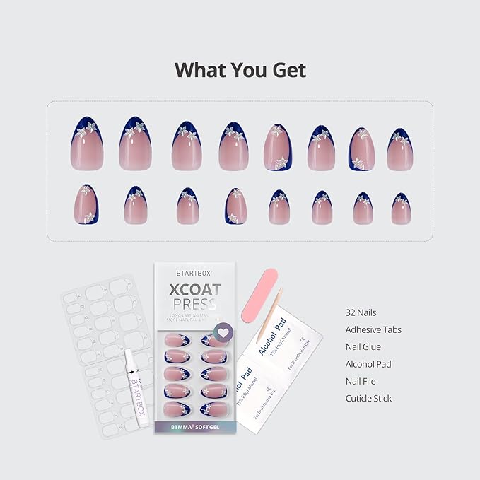 BTArtbox Press On Nails Short - Lamp-Curable Blue French Tip Almond Press On Nails with Glue for Women, Semi-Transparent Soft Gel Glue On Nails in 16 Sizes - 32 Stick On Nails Kit, Blue Blossom