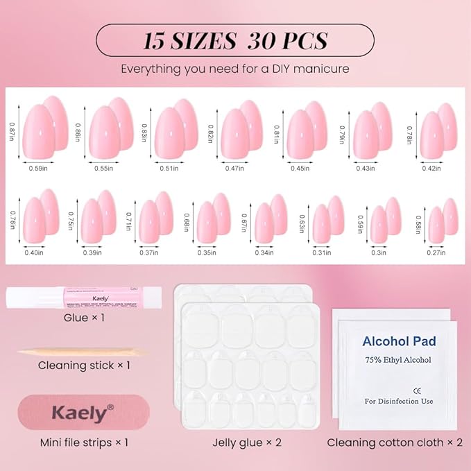 evpct Glossy Press on Nails Short Almond Short for Women, Baby Warm Pink Fake Nail with Glue Salon Quality Reusable Stick on Nails In 15 Sizes 30Pcs Full Cover False Nail Soft Gel Set Kit for Gift, 30