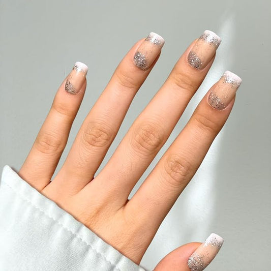 Perfect Look Press On Nails - Sparkle | No Glue One-Day Short Square Fake Nails, Nude Nails with Silver Glitter Tips - 24 Pcs Nail Kit with Adhesive Tabs