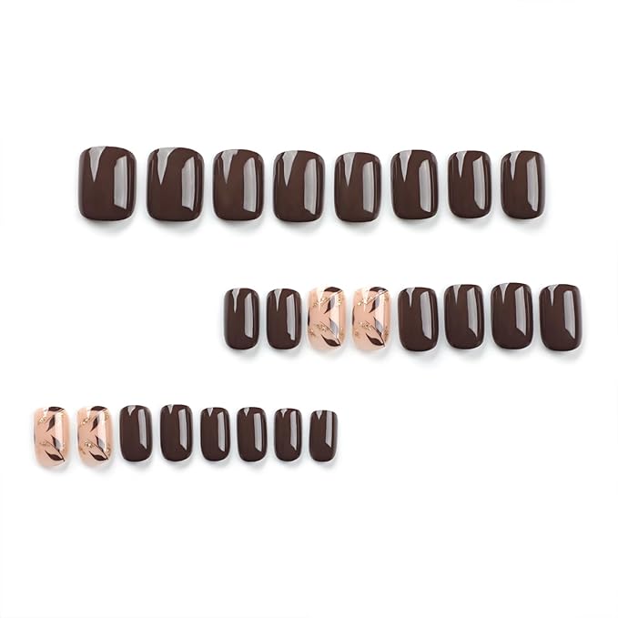 Brown Press On Nails Short Square 24pcs, Nude Coffee False Nails with Gold Leaf Design, Glossy Acrylic Stick On Nails, Natural Reusable Glue On Fake Nails Kit for Women