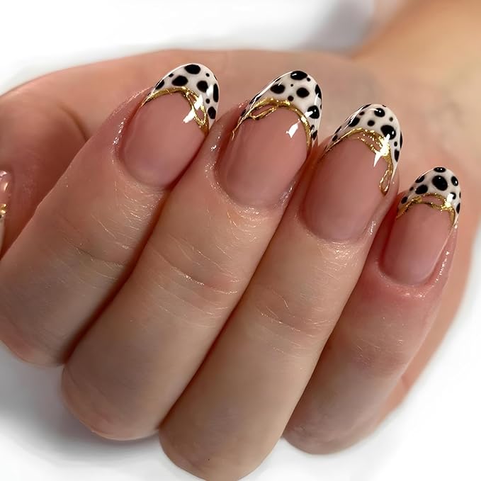 IMRAIN Press on Nails Almond Medium Fake Nails Leopard Print False Nails with Golden Edge Designs Glossy Gel Handmade Glue on Nails for Women Girls 24Pcs Full Cover Stick on Nails