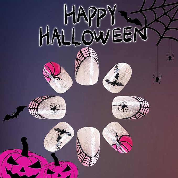 Short Almond Press on Nails Halloween Fake Nails French Tips False Nails Black Spider Bat White Glitter Pumpkin Design Spider Web Full Cover Stick on Nails for Women Decoration Holiday Nail