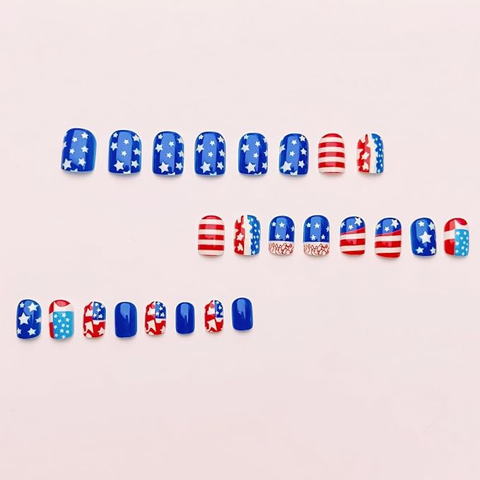 24Pcs 4th of July Press on Nails Short Square Fake Nails Independence Day False Nails with Red Blue American Flag Design Glossy Full Cover Artificial Glue on Nails Cute Stick on Nails for Women DIY