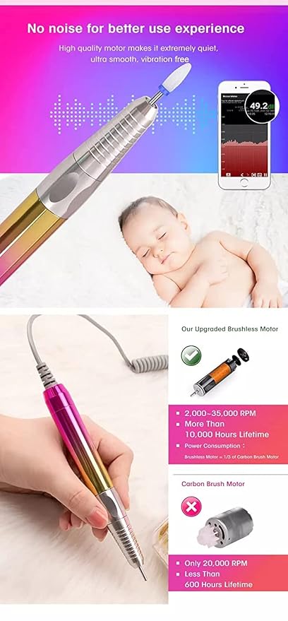 M Mase- Professional Nail Drill Machine - Coreless 2-in-1 Nail File - Electric, Cordless, 35000 RPM, HD Display - Electric Nail Drill for Professional & Home Use (Metallic Gold)