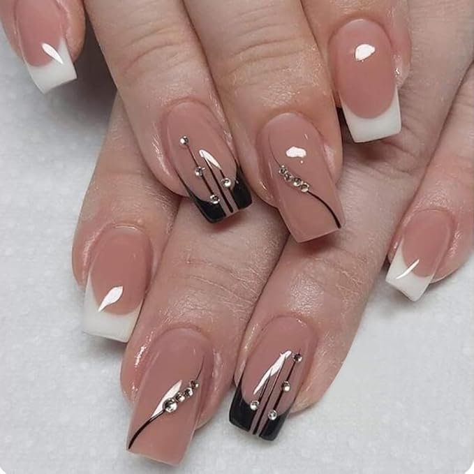 Medium Press on Nails Square Fake Nails Black White French Acrylic Nails Press on Glossy Short Glue on Nails with 3D Rhinestone Designs French Manicure False Nail Tips Artificial Nails for Women Girl