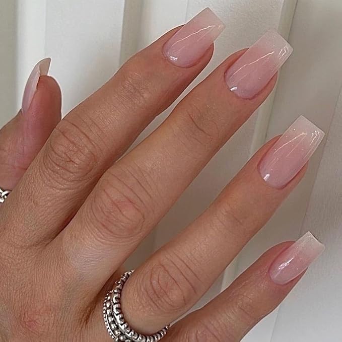 Press on Nails Pink French Medium Rhinestone Square Bling White Glossy False Tips Artificial Luxury Finger Manicure for Women and Girls, 24pcs (Square 2)