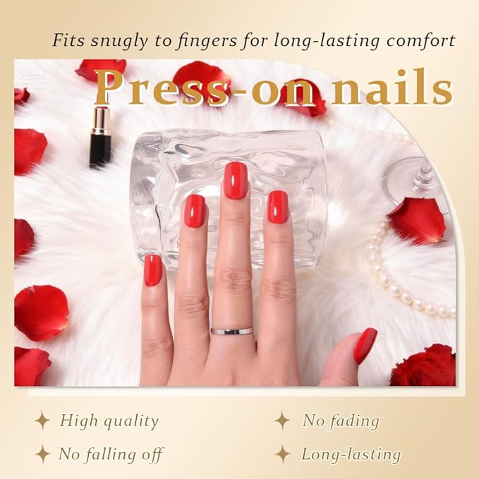 evpct Nuetral Red Short Squoval Glossy Press on Nails for Women Gift, Glossy Nuetral Red Fake Nail with Glue Manicure Kit, Soft Gel Full Cover Reusable Stick Glue on Acrylic False Nails Perfectly Fit