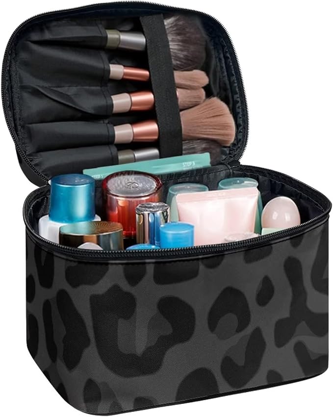 Black Grey Animal Cheetah Leopard Pattern Makeup Bags for Women Large Capacity Travel Organizer Storage Toiletry Pouch with Zipper and Carry Handle Portable Cosmetic Bag