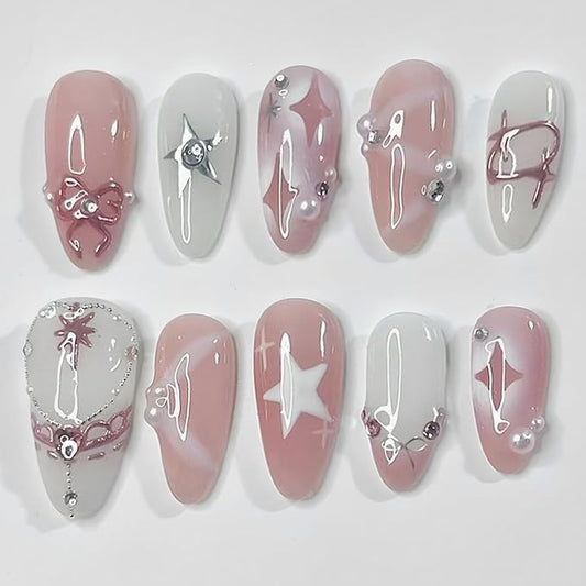 24Pcs Cute Bow Press on Nails Medium Almond Fake Nails Star with Rhinestones Pearl Glitter Designs Stick on Nails Pink Full Cover Glue on Nails French Tip False Nails for Women Girls Acrylic Nails DIY