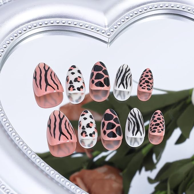 24Pcs Cute Almond Press on Nails Short Fake Nails Tiger Zebra Leopard Print Acrylic Nail Fall Glue on Nails Glossy Full Cover False Nail Autumn Winter Design French Artificial Nail for Women