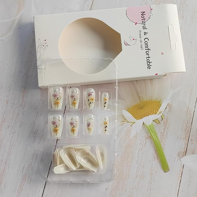 24Pcs Flower Press on Nails Short Coffin Fake Nails Spring Floral Acrylic Nails with Pearl Charms Glue on Nails Cute Acrylic Nails Glossy Full Cover Artificial Stick on Nails for Women Manicure Kit