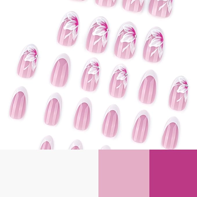 IMRAIN Medium Almond Press on Nails White French Tips Fake Nails with Pink Flower Designs Glossy Gel Glue on Nails Full Cover Spring Floral Acrylic False Nails Stick on Nails for Women 24Pcs