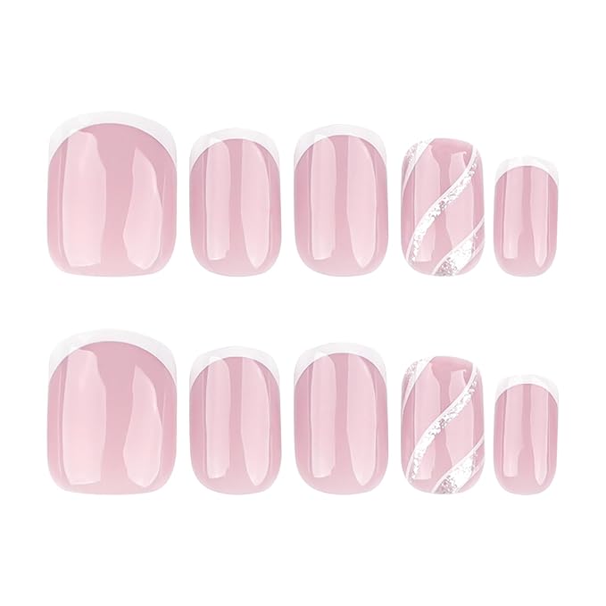 French Press On Nails Short Square, Nude Fake Nails with White French Tips, Delicately Adorned with Silver Streaks, Glossy Gel Finish, Thick Natural Reusable Glue On Nails Kit for Women 24Pcs