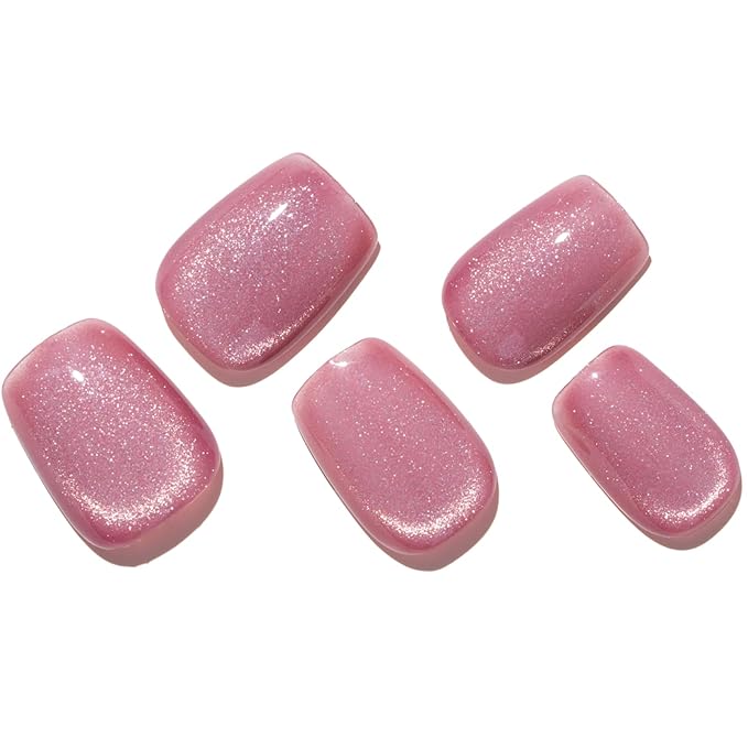 GLAMERMAID Pink Cat Eye Press on Nails Short Square, Handmade Magnet Cat Eye Jelly Gel Glitter Fake Nail Kit, Glitter Pink Acrylic Nails Art on False Reusable Acrylic False Nails for Women