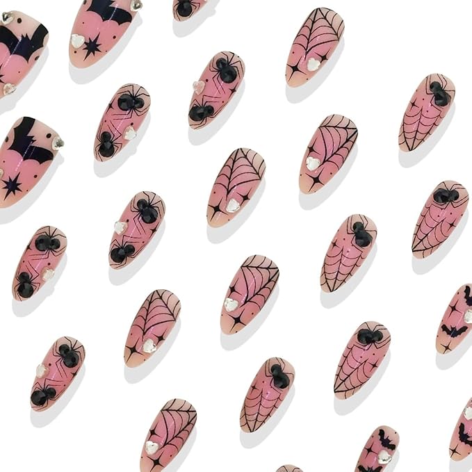 30Pcs Pink Halloween Press on Nails Medium Almond Fake Nails with Bat Spider Web Designs Halloween Full Cover False Nail Heart Rhinestones Glue on Nails 3D Black Spider Acrylic Nail for Women Girls