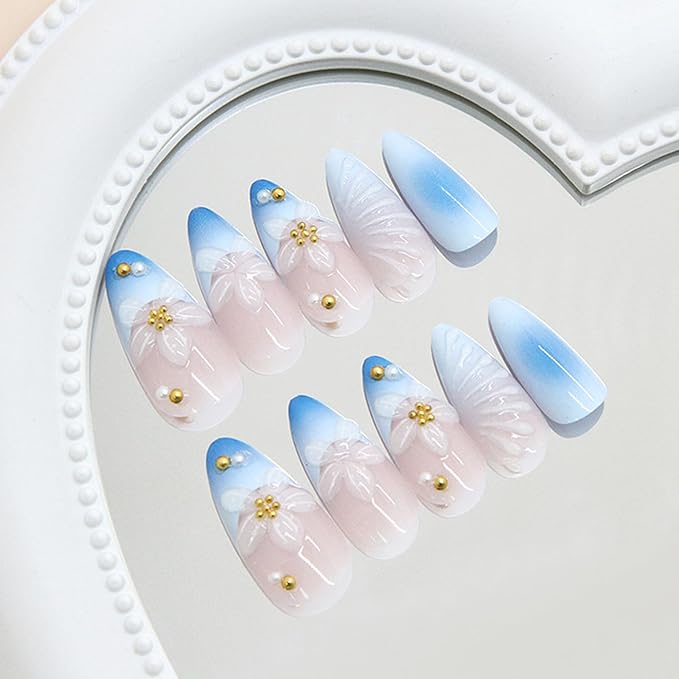 Blue French Tip Press on Nails Medium Almond Fake Nails with 3D Flower Designs Blue Gradient Acrylic False Nails Summer Glue on Nail Reusable Full Cover Stick on Nail for Women 24Pcs
