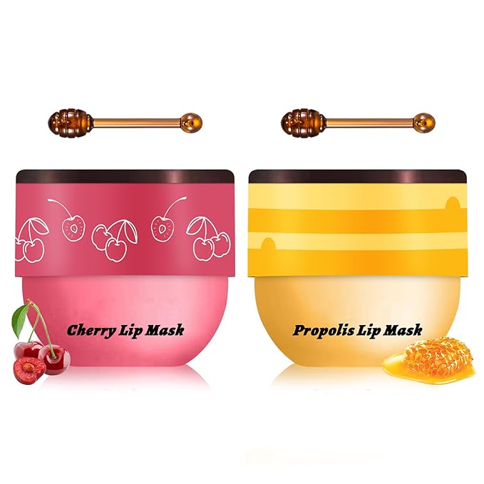 2PCS Bee Lip Balm Honey Pot Cherry Honey Sleeping Lip Mask Silky Hydrating Bee Lip Balm Honey Lip Mask Overnight Lip Care Products(Honey+Cherry)