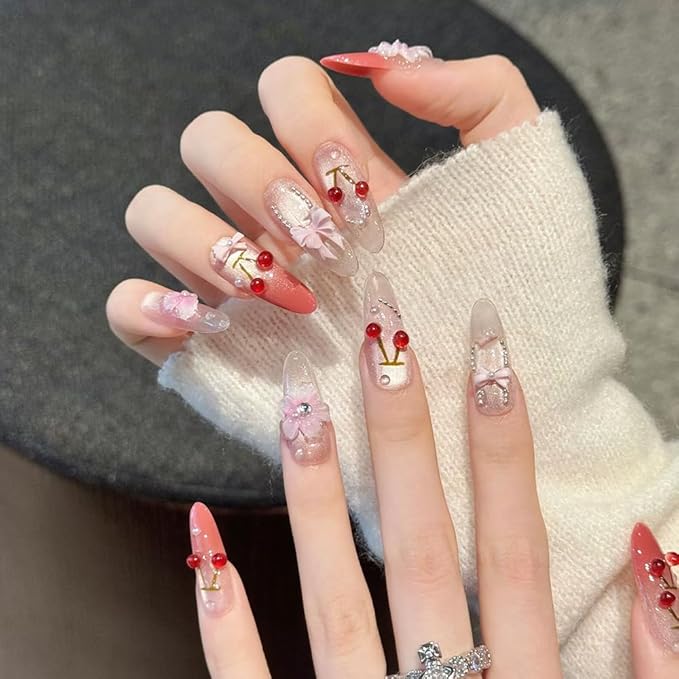 Handmade luxury Press on Nails Almond Medium Fake Nails French Tip with 3D Flower cherry Designs Pink Bow Glitter Cute Acrylic Nails for Women 10pcs (Size M）