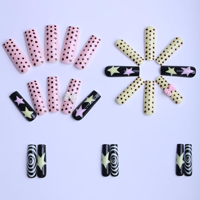 Polka Dot Press on Nails Long Square Fake Nails 3D Bow Star Twist Design Full Cover Glossy Glue on Nails for Women 24PCS