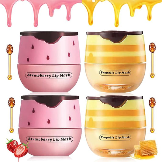 4 Pcs Strawberry & Honey Lip Balm, Moisturizing Propolis Sleeping Lip Mask, Vitamin E Lip Masks, Hydrate Repair Prevent Dry Cracked Lip Exfoliator Lip Care (2 Pack Strawberry - 2 Pack Honey)
