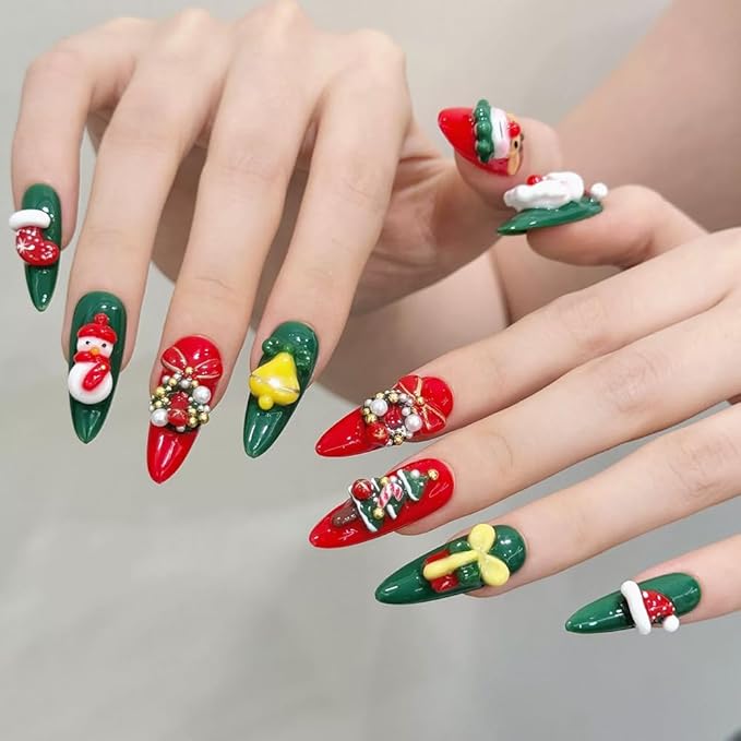 Handmade Press on Nails Long Stiletto Fake Nails Christmas with 3D Snowman and Christmas tree Designs Red Glitter Cute Acrylic Nails for Women 10pcs (Size M）