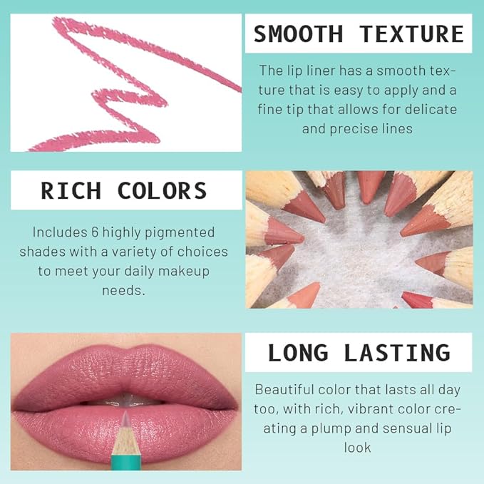 6 Pcs Ultra Silky Lip Liner Lipstick Pencils Set for Shaping & Sculpting Lips, Creamy Matte Velvet Pigmented Crayon (6Pcs-Matte Creamy Smoothly-A, Pack of 1)