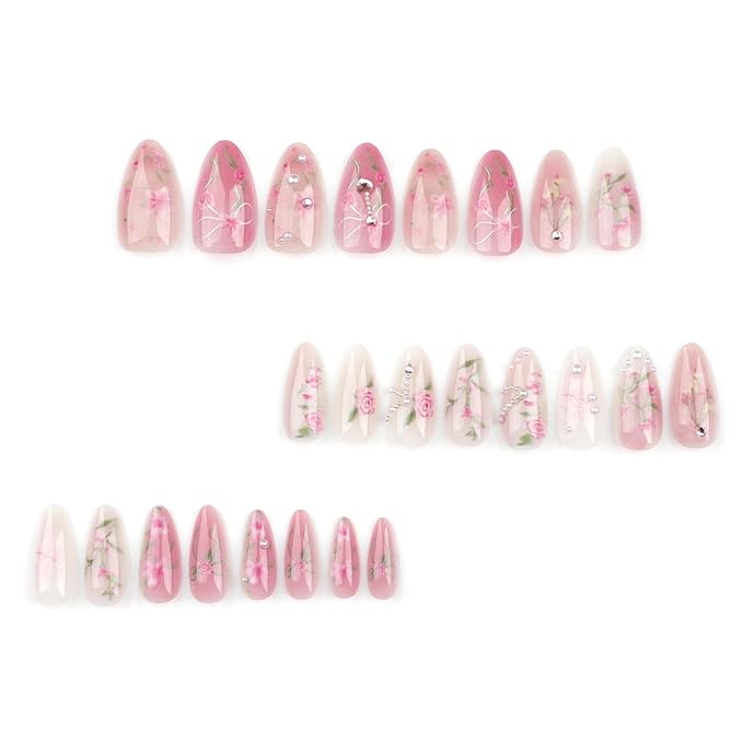 Handmade 3D Pearl Bow Pink Press On Nails Medium Almond With Cute Charms, Bow Tie Pearl Pink Roes Folwer Designer Reusable Acrylic Fake Nails With Glue On Nails, Daily Wear Nails For Women