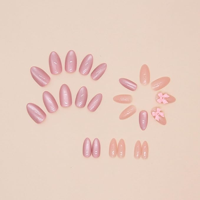 Hkanlre Pink Press on Nails Medium Bow Fake Nails Tips Full Cover Almond False Cute Nails for Women and Girls 24PCS